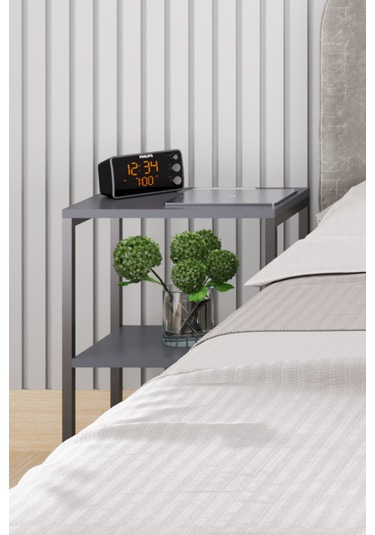 Metal Ayaklı Ve Ahşap Raflı Dekoratif Komodin Antrasit Gri Antrasit