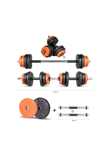Ecgspor Multifonksiyonel Halter ve Dambıl Seti Siyah - Turuncu 17 KG