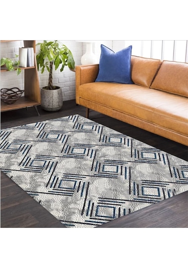 Mavi Gri Kaymaz Tabanlı Kesme Yolluk Koridor Mutfak Salon Halısı 5008 Mavi