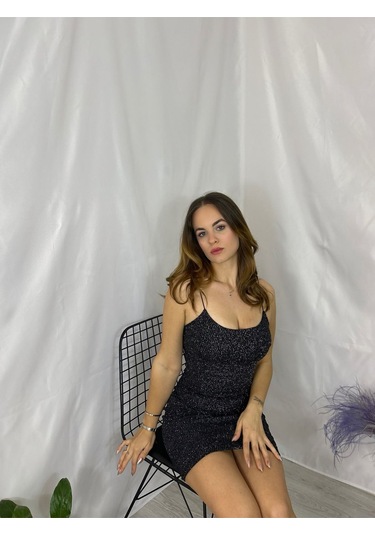 Gümüş Simli Ip Askılı Mini Elbise Siyah