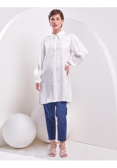 İnci İşlemeli Jakarlı Tunik-ekru Ekru