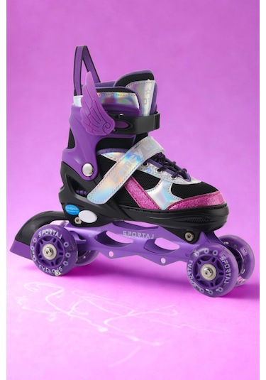 Melek Kanatlı Işıklı Çocuk Pateni Silikon Teker Ayarlanabilir Paten Taşıma Çantalı Mor Mor