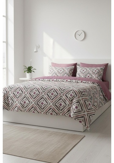 Geometrik Dokunuş Çift Kişilik %100 Pamuk Nevresim Takımı GÜL KURUSU