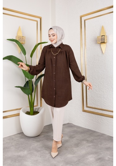 Önü Büzgülü Bilek Lastikli Tunik - Acı Kahve / Ü104 Acı Kahve Acı Kahverengi