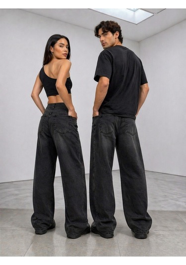 St.poll Eskitme Lacivert Yıkama Unisex Baggy Jeans Pantolon