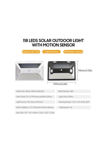 Suofeng Güneş Enerjili Duvar Lambası 118 Led'li, Hareket Sensörlü, Ip44 Su Geçirmez, Dış Mekan Bahçe Bahçe Işığı Beyaz, Tekli Paket Beyaz