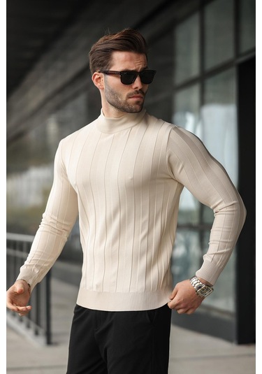 Taş Rengi Yarım Balıkçı Erkek Triko Kazak E7423 Taş Rengi