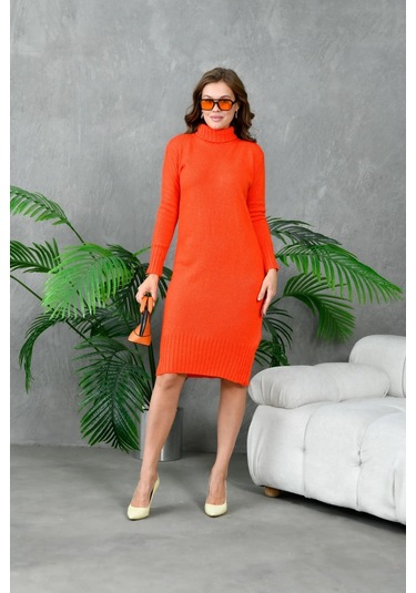 Kadın Balıkçı Yaka Kışlık Triko Elbise Nar