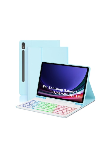 Jeemson Samsung Galaxy Uyumlu Tab S7/s8/s9/s9fe 11" İçin Mavi Kılıf + 7 Renkli Işıklı Bluetooth Klavye + Mouse Seti, Kalem Bölmeli, Çok Açı Desteği
