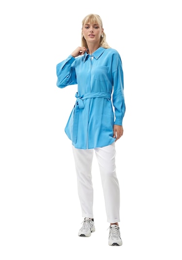 Kayra Yakası Kuş Gözü Detaylı Rayon Tunik Gök Mavi