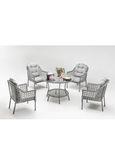 Zen Masalı Çay Seti Bahçe Ve Balkon Mobilyası Takımı 1+1+1+1+ Çap 110 Masa ,gri Gri