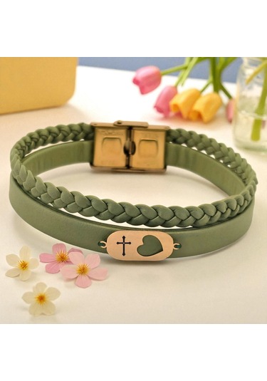 Archin Haç Temalı Zeytin Yeşili Derili Kalp Motifli 14 Ayar Altın Plakalı Hediye Bileklik-556sembol Hristiyan Haçı