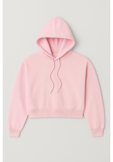 Üç İplik Kapüşonlu Crop Sweat Pembe