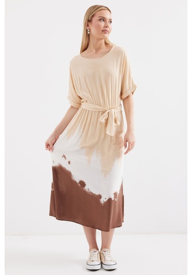 Bigdart 2504 Desenli Kısa Kol Viskon Elbise - Krem 001