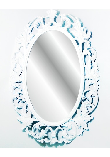 Antik Oymalı Desenli İşlemeli Rustik Beyaz Çerçeveli Boy Aynası Beyaz