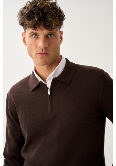 Fermuarlı Polo Yaka Kazak Kahverengi