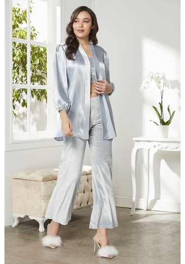 Pierre Cardin 2050 Dantelli Kadife Saten 3'lü Croplu Pijama Takımı 001