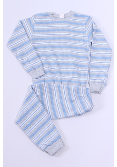 Hçm Erkek Çocuk Pijama Takımı Çizgili Ribanalı A35 Mavı