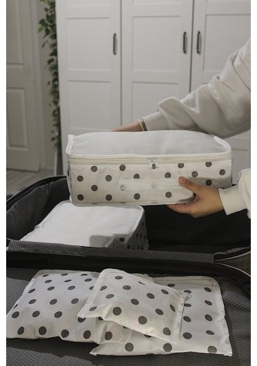 Adarya Home Puantiye Desen Valiz Düzenleyici Bavul İçi Organizer Set 6'lı Beyaz