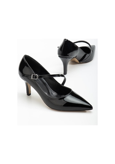 Büyük Beden Kadın Stiletto İnce Topuklu Ayakkabı Siyah Rugan Baretli-4292 Siyah