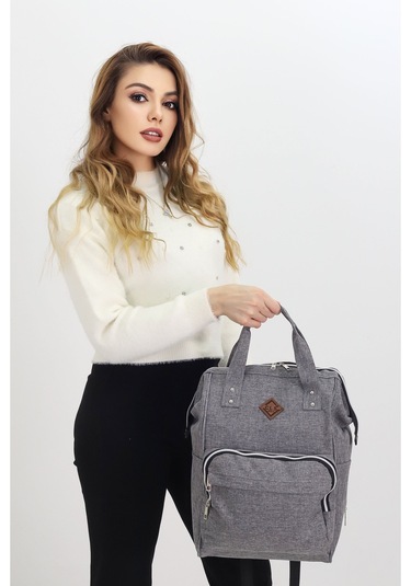 Termal Bölmeli Gri Anne Bebek Sırt Çantası Melanj Kumaş Su Geçirmez Bebek Bakım Çantası Puset Uyumlu Siyah