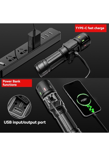 Geeroyoo 20w Usb Type-c Şarjlı 2000lm Led El Feneri, 500m Menzil, 9 Seviye Parlaklık, Çift Işık Kaynağı Beyaz Lazer+cob , Teleskopik Zoom, Alüminyum Kasa, 26650 Batarya Dahil Siyah