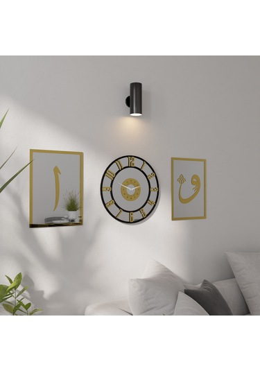 Dekoratif Ayna Pleksili Elif Vav Tasarımlı 3 Parça Duvar Saati Gümüş - Altın