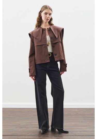 Geniş Yaka Gabardin Ceket Çikolata Çikolata