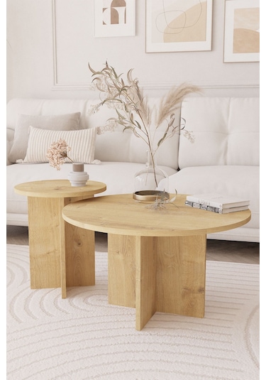 2 Li Orta Sehpa Seti, İskandinav Stil, Bohem, 72 Cm, 40 Cm - Safir Meşe