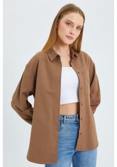 9942 Kadın Oxford Uzun Kol Basic Gömlek Vizon Vizon