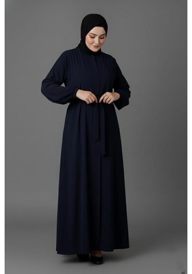 Medine İpeği Mevlana Kesim Cepli Kuşaklı Bol Büyük Beden Ferace Lacivert