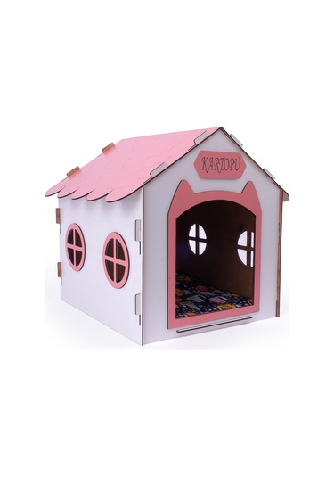 Ahşap Özel İsim Baskılı Dekoratif Kedi Evi-kulübesi, Kediler İçin Kulübe, Kedi Kulübesi Beyaz-pembe