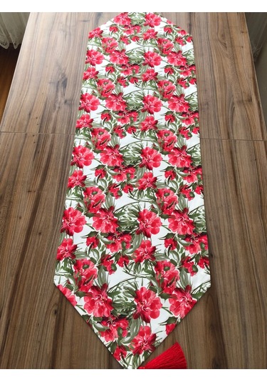 Beyaz Zemin Kırmızı Çiçek Detaylı Runner&supla Çok Renkli