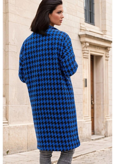 Mavi Kaz Ayağı Desenli, Cep Detaylı, Uzun Kaban Mavi