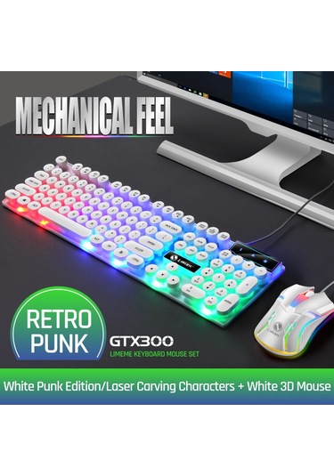 Kangvka Beyaz Ergonomik Klavye+fare Seti, Usb Kablolu, 12 Kısayol Tuşu, Soluk Işık Ve Ayarlanabilir Yükseklik İle Retro Stil Diğer