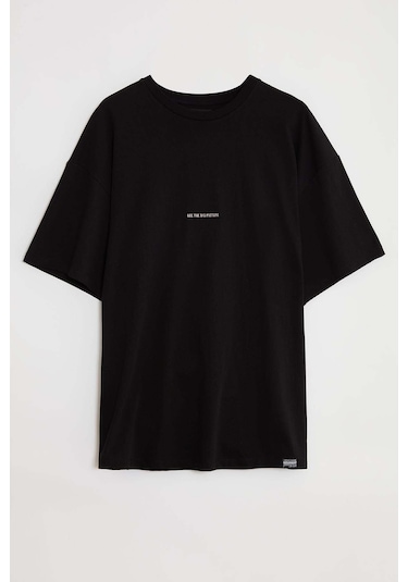 Rıver Erkek Nakış Işlemeli Oversize %100 Organik Pamuk Örme Siyah T-shirt