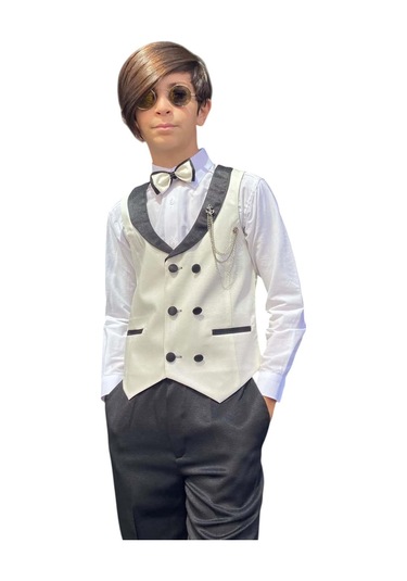 Riccotarz Erkek Çocuk Şal Yaka Düğme Detaylı Beyaz Cepken Yelek Gabardin Gömlek Takım Elbise Beyaz