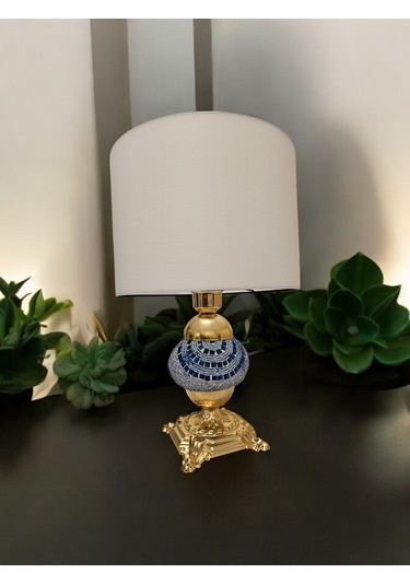 Altın Detaylı Desenli Dekoratif Abajur - Beyaz Beyaz