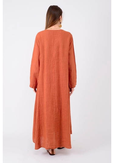 İtalyan V Yaka Uzun Kol Keten Elbise-8907 Tarçın