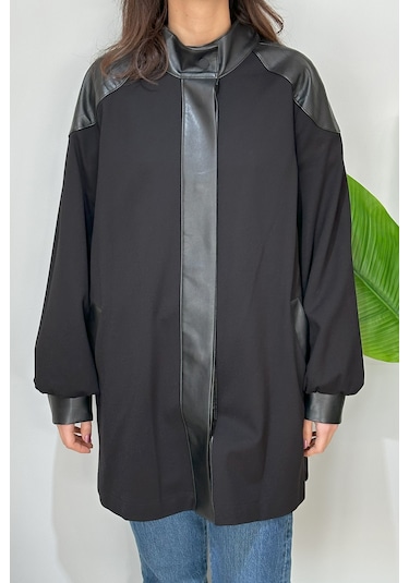 Nuss Çıtçıtlı Deri Detaylı Ceket Kap 6004 Siyah Siyah