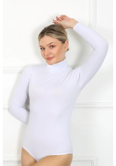 Giyim Bayan Uzun Kol Boğazlı Çıtçıtlı Body Beyaz Beyaz