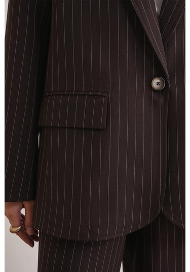 4753 Kadın Çizgili Oversize Blazer Ceket Kahve Kahve