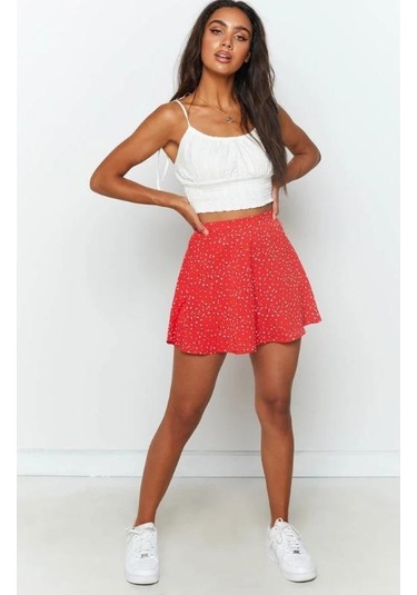 Kadın Çiçekli Yüksek Bel Fermuarlı Şifon Baskılı Kısa Halter Etek Sarı