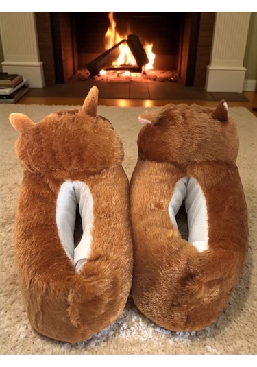 Kadın Kız Çocuk Yumuşak Soft Hayvanlı Kedi Figürlü Panduf Ev Ayakkabısı Kahverengi