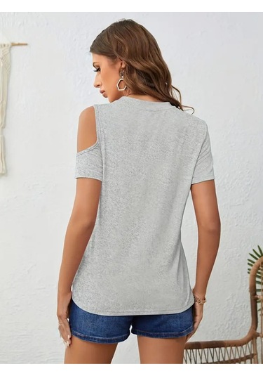 Kadın Kısa Kollu Tek Omuzu Açık Damla Detaylı Viskon Bluz Gri