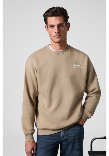 Ernest Erkek Organik Pamuklu Yumuşacık Baskı Detaylı Bisiklet Yaka İçi Polarlı Bej Sweatshirt