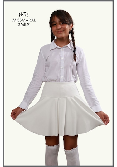 Kız Çocuk Okul Etek Beyaz /ekru Yüksek Bel Içi Şortlu Okul-oyun-spor-23 Nisan Etkinlik Eteği Beyaz