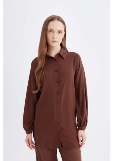 Defacto Regular Fit Gömlek Yaka Basic Düz Viskon Uzun Kollu Gömlek Tunik D2613ax24aubn271 Kahve