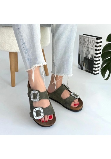 Nool Yeşil Nubuk Terlik Çok Renkli