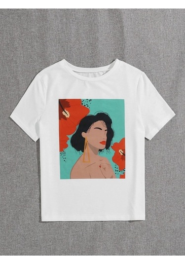 Kadın Beyaz Oversize Floral Baskılı T-shirt Beyaz-67224